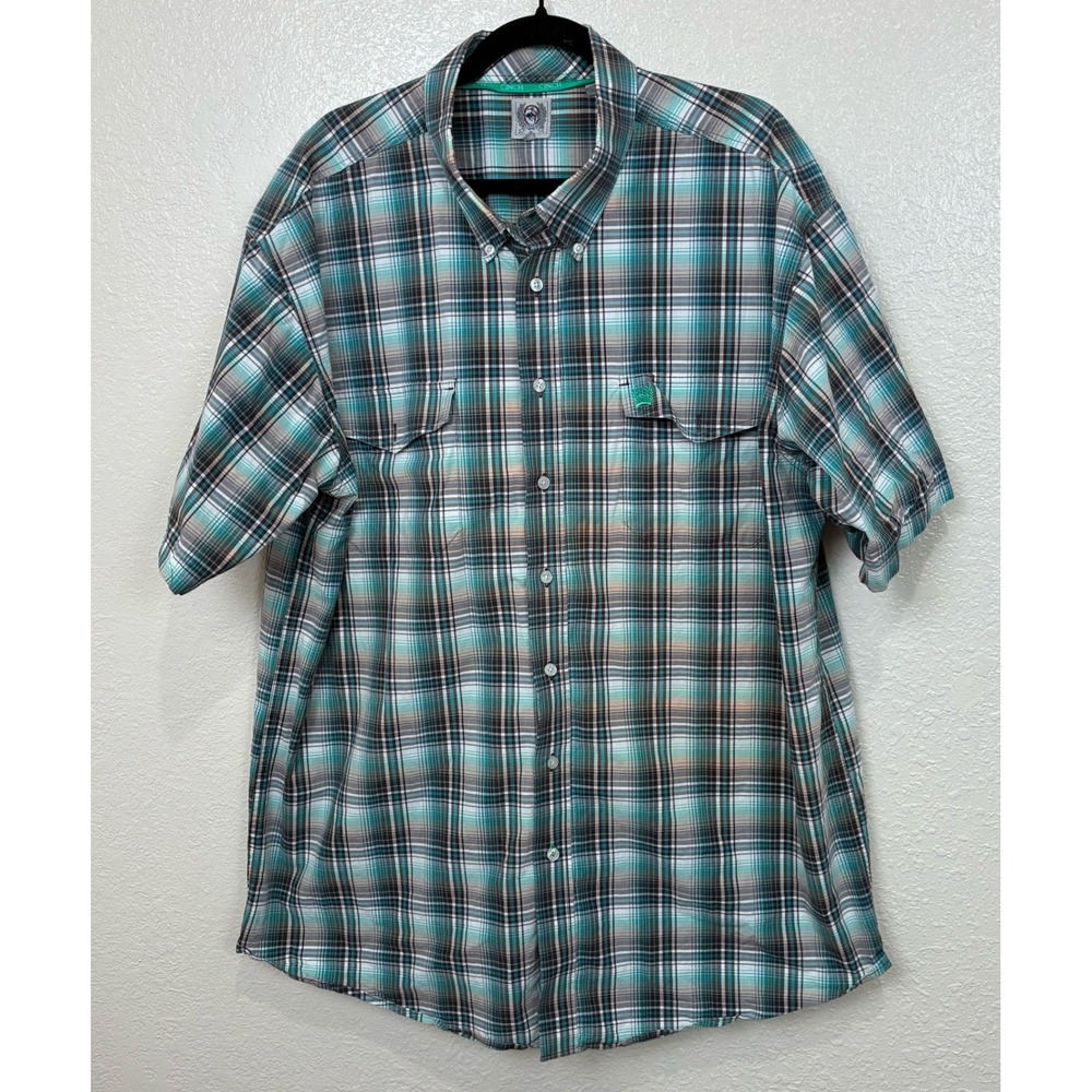 Cinch Mens XXL Teal Brown Plaid Cotton Button Down Western Shirt MTW1104381